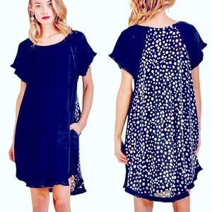 Umgee Linen Cotton Frayed Hem Short Sleeve Bohemian Mixed Media Dot Print Dress